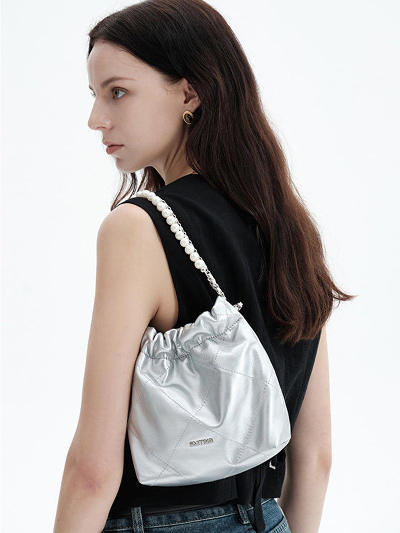 Smting | Leather Bucket Bag Pearl chain