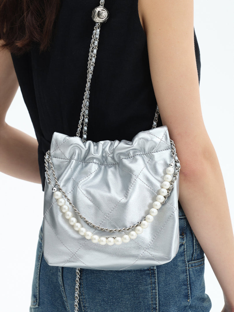 Smting | Leather Bucket Bag Pearl chain