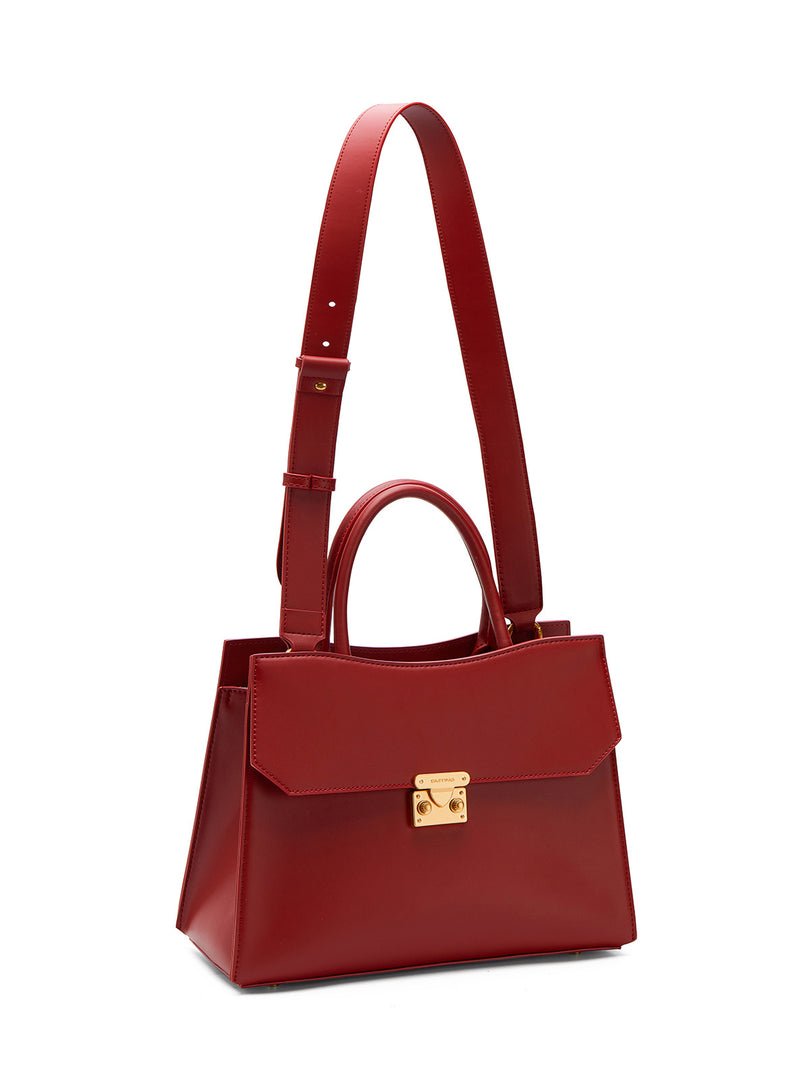 Smting | Medium Cherry Red Leather Handbag with a Faux Flap