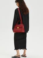 Load image into Gallery viewer, Smting | Medium Cherry Red Leather Handbag with a Faux Flap
