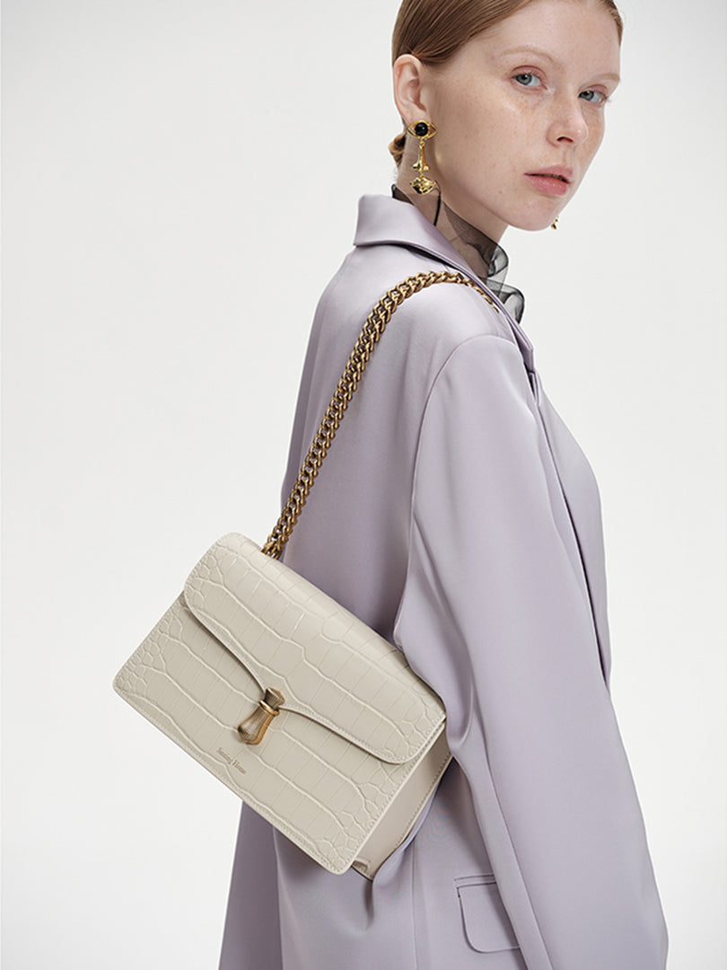 Smting | Chain Flap Crocodile Bag with Hanging Flower Lock