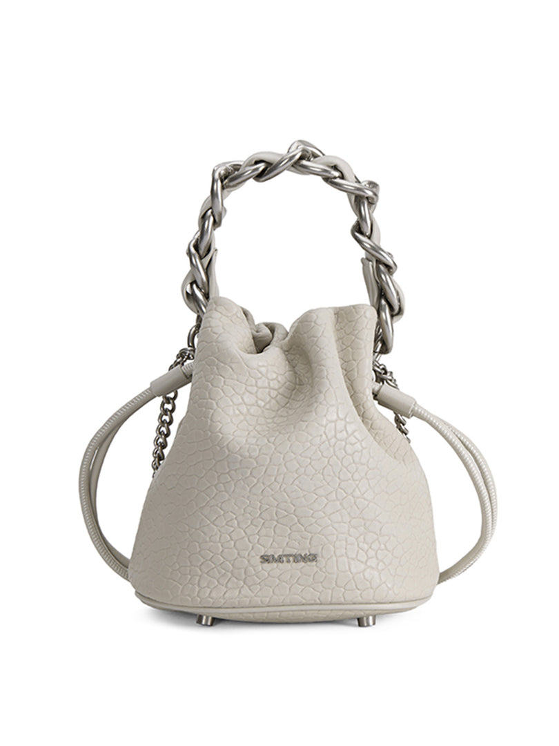 Smting | Small Leather Crossbody Bucket Bag with Leather Woven Chain Handle