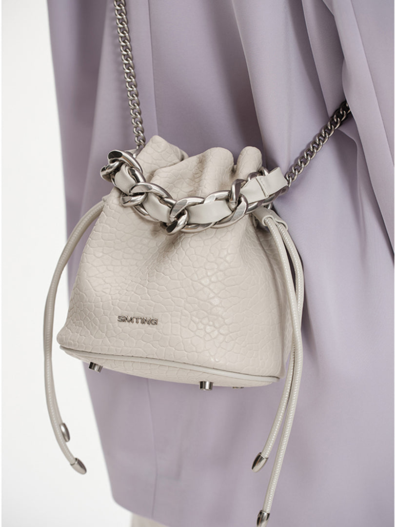 Smting | Small Leather Crossbody Bucket Bag with Leather Woven Chain Handle