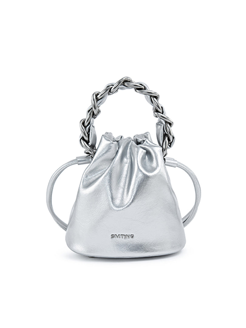 Smting | Small Leather Crossbody Bucket Bag with Leather Woven Chain Handle